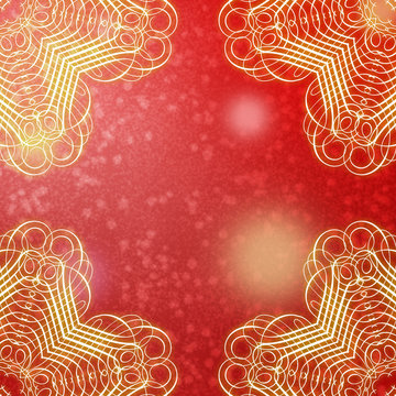 dynamic red background with patches of light, small points. in all four corners are located curled rays snowflakes, swirling lines which create an interesting pattern.