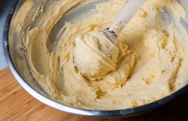 Kneading dough in mixing bowl, butter and flour