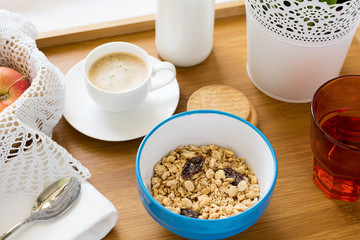 Healthy breakfast with muesli and fruits