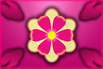 Fototapeta na wymiar big flower with pink and yellow petals. . located at the corners of the composition bulk leaves. background pink