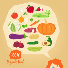 Organic food / delicious vegetables vector illustration with lady carefully thinking of the natural food