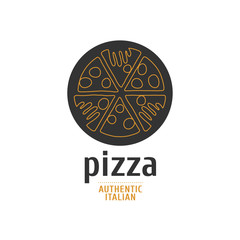Vector logo, design element for pizza, pizzeria, pizza delivery, Italian restaurant. Hands grabbing slices of pizza