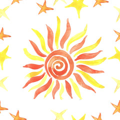 Hand drawn watercolor seamless pattern. Sun and stars.