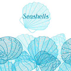 Marine background with stylized seashells. Design for cards, covers, brochures and advertising booklets