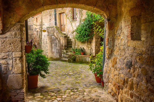 Fototapeta Narrow street of medieval tuff city Sorano with arch, green plants and cobblestone, travel Italy background