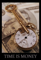 Time is Money. Concept image with a skeleton key, brass watch, US currency.