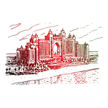 Hotel Atlantis, The Palm, Dubai, UAE. Vector hand drawn sketch.