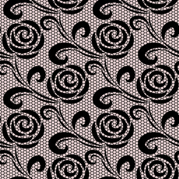 Black Seamless Lace Pattern with Rose on Transparent Background