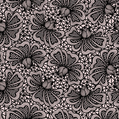 Black seamless flower lace pattern on pink background