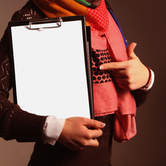 woman point to a blank sign