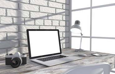 3D illustration laptop and work stuff on table near brick wall, Workspace