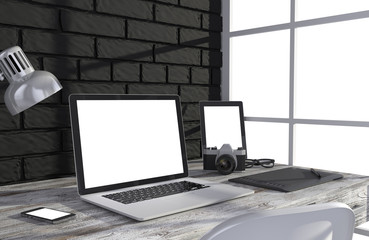 Fototapeta premium 3D illustration laptop and work stuff on table near brick wall, Workspace