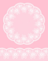 Round lacy frame on pink background with lacy bottom border.