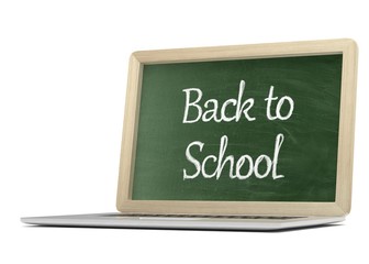 Fototapeta premium Laptop with chalkboard, back to school, online education concept
