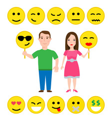 young man and woman holding smiley faces signs emotional face icons set isolated on white background 