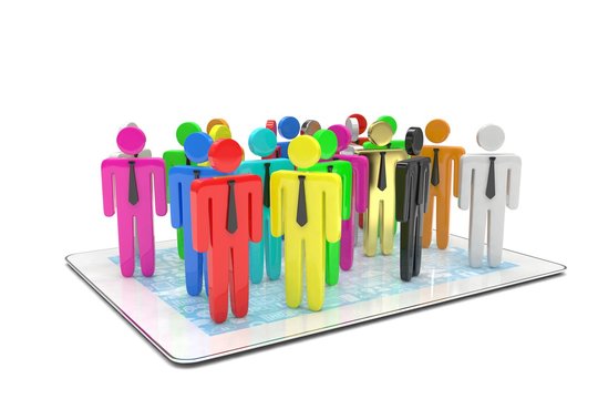 group of people figures on tablet PC, 3d render