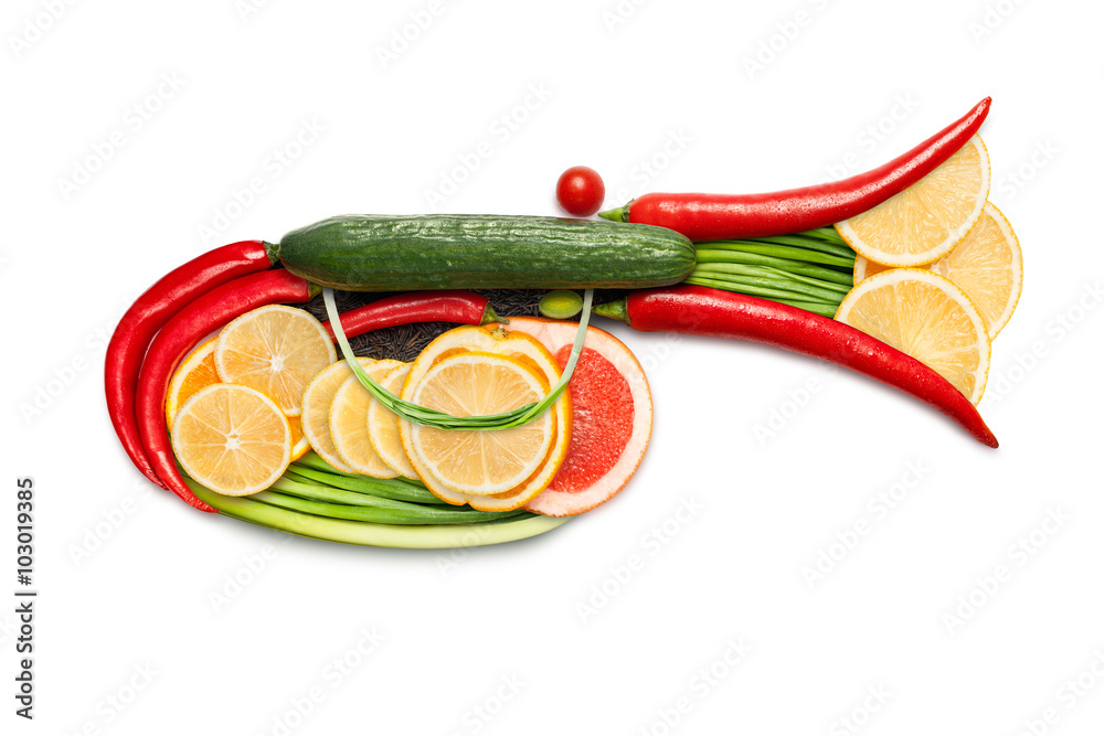 Wall mural Tasty clarion / Healthy food concept of a musical wind instrument clarion, trumpet or horn, made of vegetable mix, isolated on white.