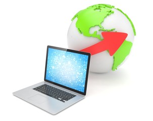 Laptop network and earth globe. 3d render