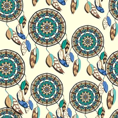 Wallpaper murals Dream catcher Seamless pattern with hand drawn dreamcatchers. Colorful vector illustrations on light yellow background. Boho style design elements. Tribal style design
