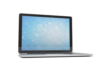 3d rendering of a laptop with blue wallpaper with app icon