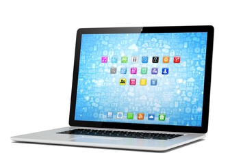 3d rendering of a laptop with blue wallpaper with app icon