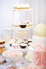 Beautiful desserts, sweets and candy table at wedding reception