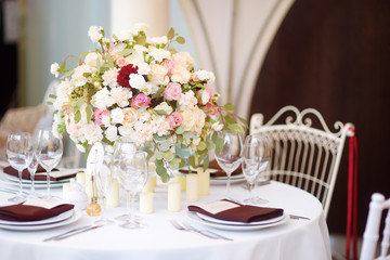Beautiful table set for some festive event or wedding reception