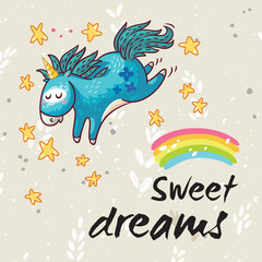 Sweet dreams card with cute unicorn. Vector cartoon illustration