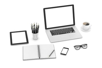 Responsive mockup screens. Laptop, tablet, phone on table 