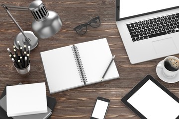 laptop and office stuff, workplace, top view