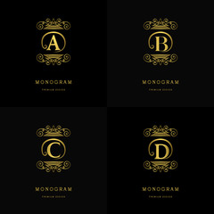 Monogram design elements, graceful template. Calligraphic elegant line art logo design. Letter emblem sign A, B, C, D for Royalty, business card, Boutique, Hotel, Cafe, Jewelry. Vector illustration