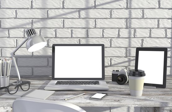 3D illustration laptop and work stuff on table near brick wall, Workspace