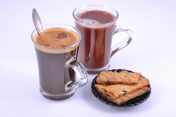 glasses with coffee and cocoa drink