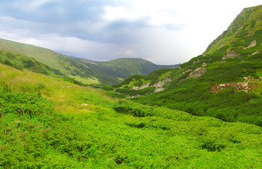 Naklejka premium Green mountain ridge panorama, summer sunny day.