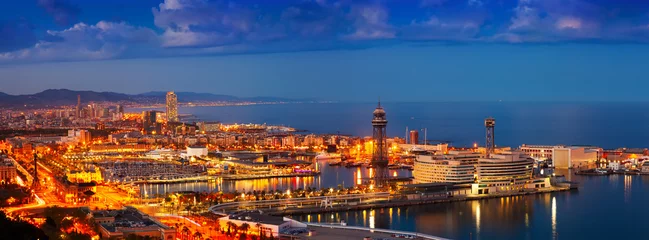 Poster Panorama of Port Vell in night. Barcelona © JackF