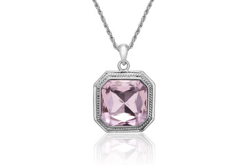 Trendy Geometric Pink Gemstone Necklace in Silver with Rope Chain