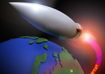 Fototapeta na wymiar Digital artwork of a rocket blasting around the earth 