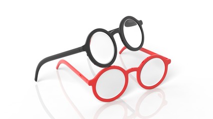 Pair of black and red round-lens eyeglasses, isolated on white background.