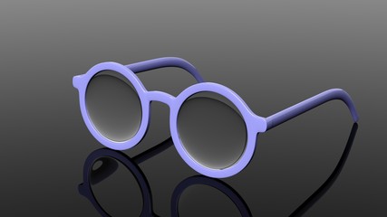 Pair of blue round-lens eyeglasses, isolated on black background.