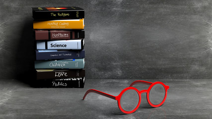 Eyeglasses with stack of books and chalkboard with copy-space
