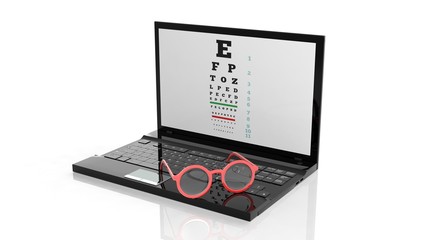 Eyeglasses on laptops keyboard with eyesight test on screen, isolated on white background.