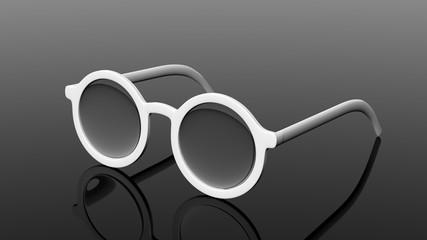 Pair of white round-lens eyeglasses, isolated on black background.
