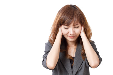 stressed business woman covering her ears