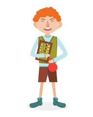 Young boy with money bag and counter