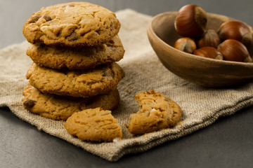 Chocolate chips cookies on black background