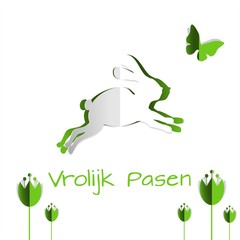 Frohe Ostern - süßer Osterhase hoppelt schnell davon - Schmetterling Korkusse Tulpen Scherenschnitt,  - niederländische Schreibweise