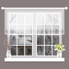 Vector illustration with window and flowers in flat style