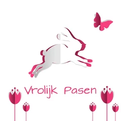 Fototapeten Pasen groeten van de paashaas - vrolijke Pasen - zoete konijntje hop snel weg - gestanst met konijn vlinder crocus tulpen bloemen - roze wit © Jyll