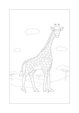 Smiling giraffe walking in savannah for coloring. Suitable for A