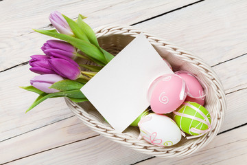 Purple tulip bouquet and easter eggs